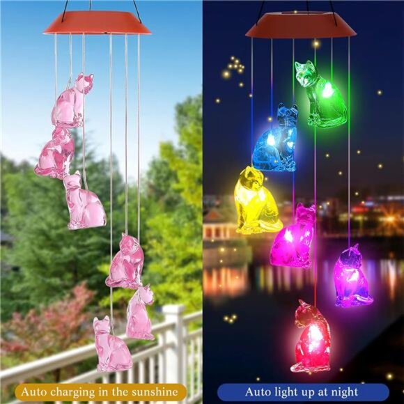 Cat Solar Wind Chimes Light,Solar Cat Wind Chimes Outside,Cat Solar Light Gifts - Picture 5 of 7